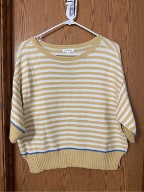NWT Blu Pepper Striped Knit Sweater Women’s Small Mustard White Short Sleeve